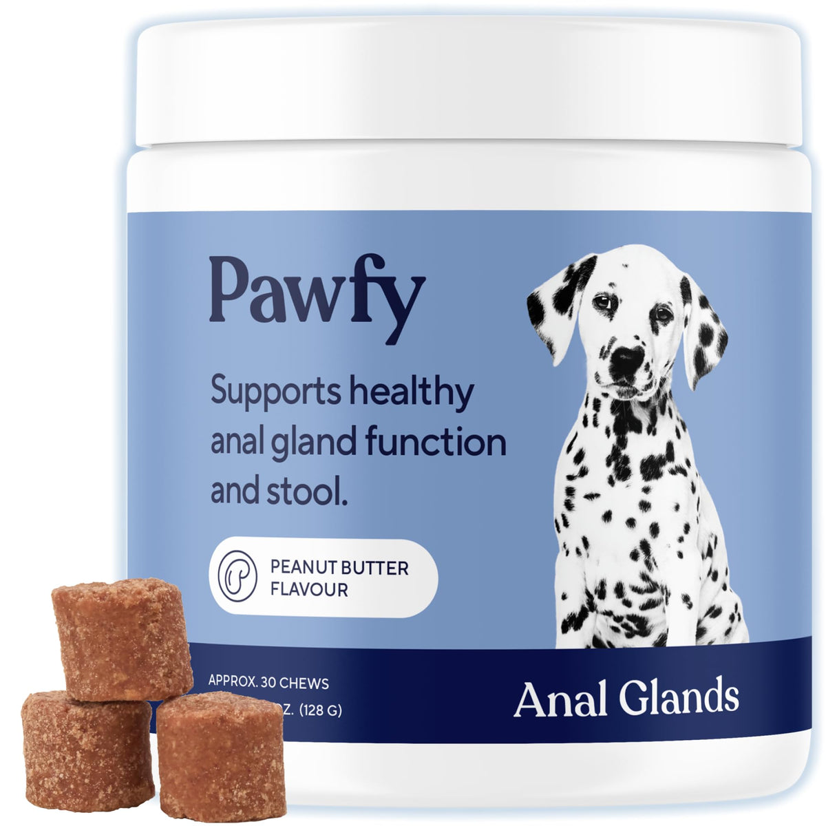 Pawfy Anal Gland Chews with peanut butter packaging shows a tasty canine care option for digestion