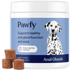 Pawfy Anal Gland Chews with peanut butter packaging shows a tasty canine care option for digestion