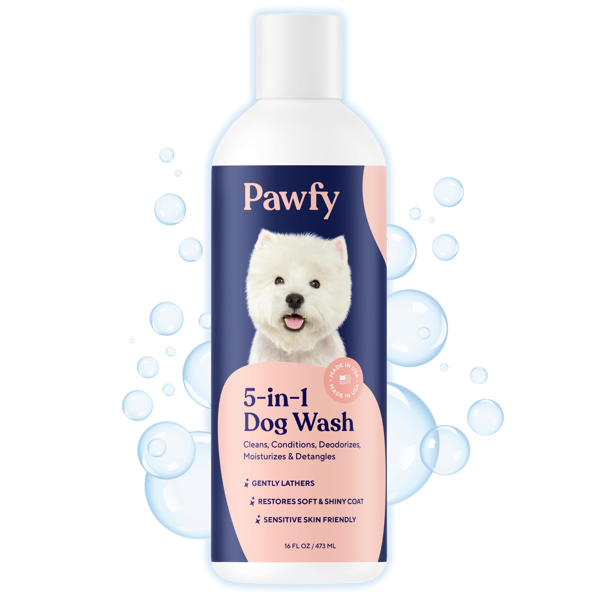 Pawfy anti-itch dog shampoo bottle close-up for itch relief and fresh scent.