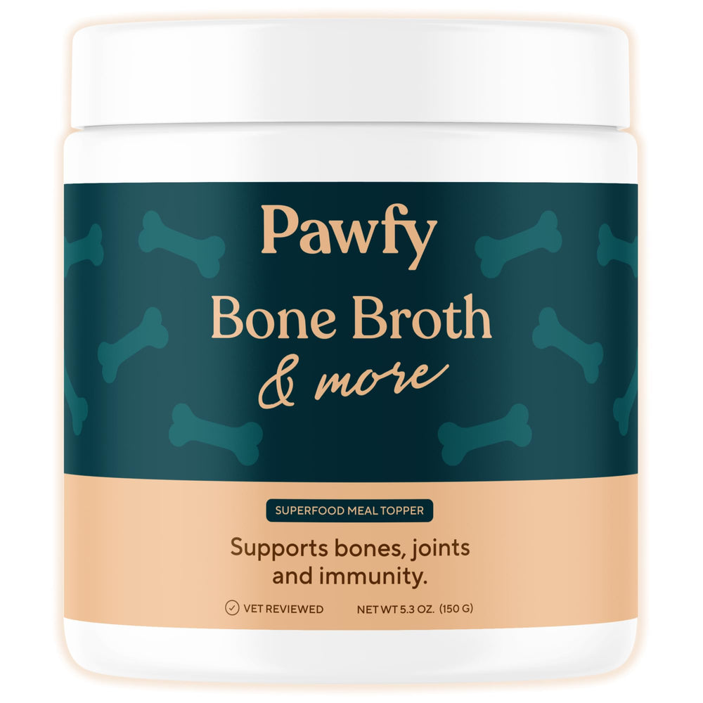 Pawfy bone broth dog pour over kibble for tastier meals and digestive support.