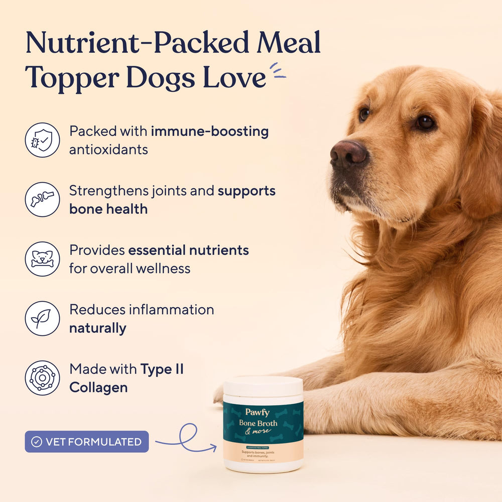 Pawfy bone broth dog kibble topper enhances meal appeal and joint-friendly mobility.