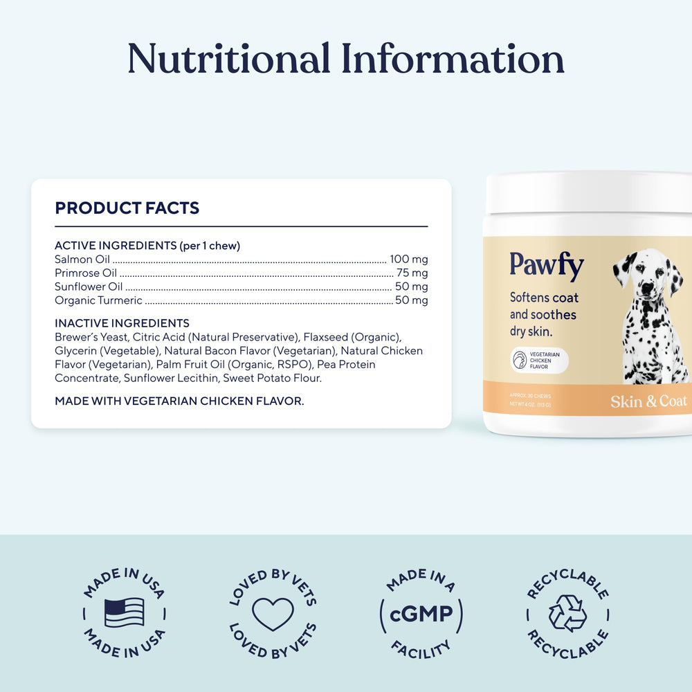 Pawfy Coat Health chews pack highlights shinier coat and skin hydration