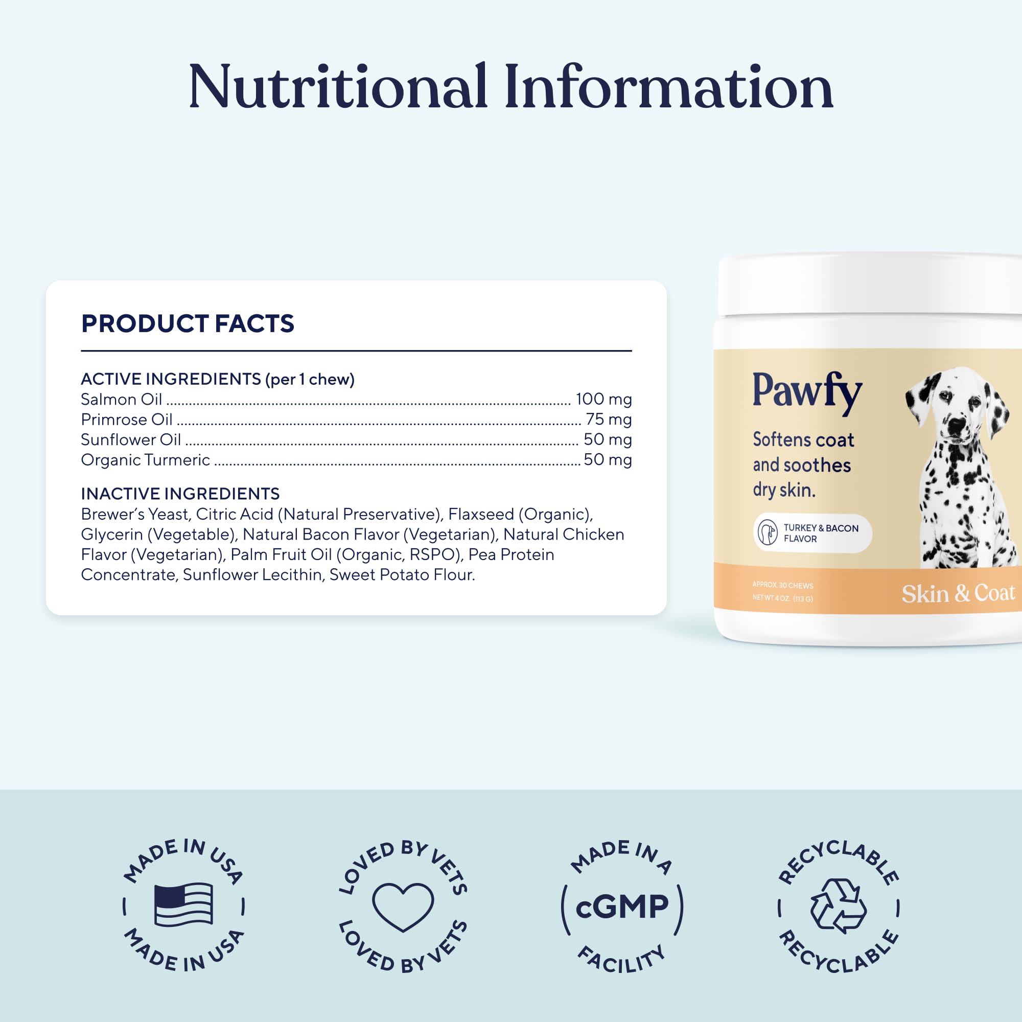 Pawfy dog eating chews highlights easy administration and palatable bacon flavor.