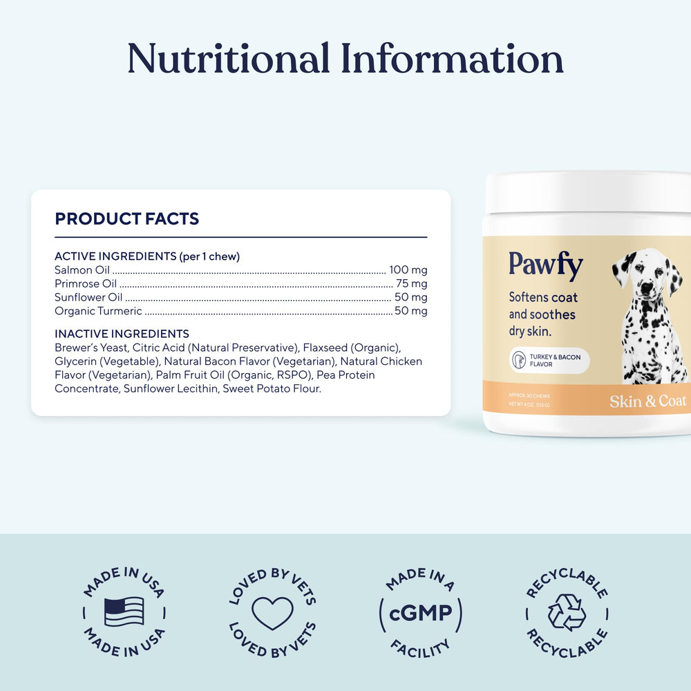 Pawfy dog eating chews highlights easy administration and palatable bacon flavor.