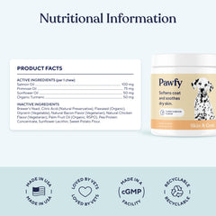 Pawfy dog eating chews highlights easy administration and palatable bacon flavor.