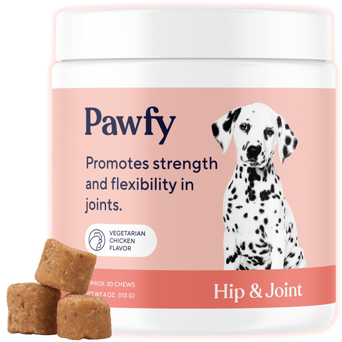 Pawfy Hip & Joint chews bottle shows mobility support and tasty chicken flavor for daily use.