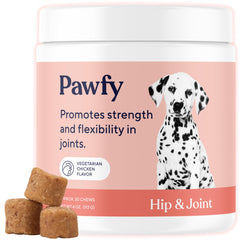 Pawfy Hip & Joint chews bottle shows mobility support and tasty chicken flavor for daily use.