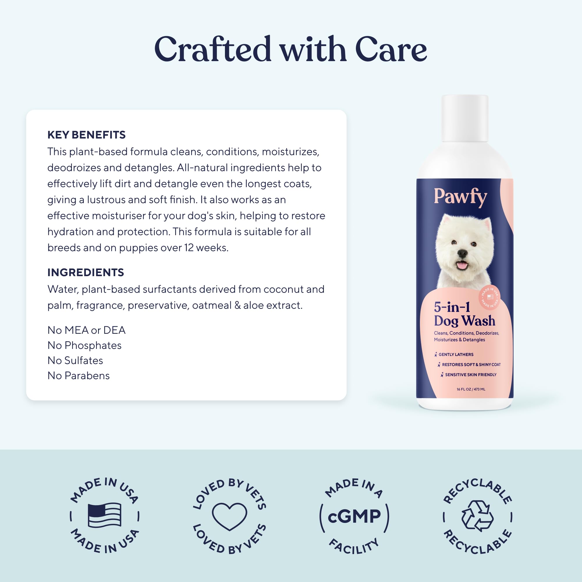 Pawfy natural care dog shampoo packaging showing eco-friendly formula.