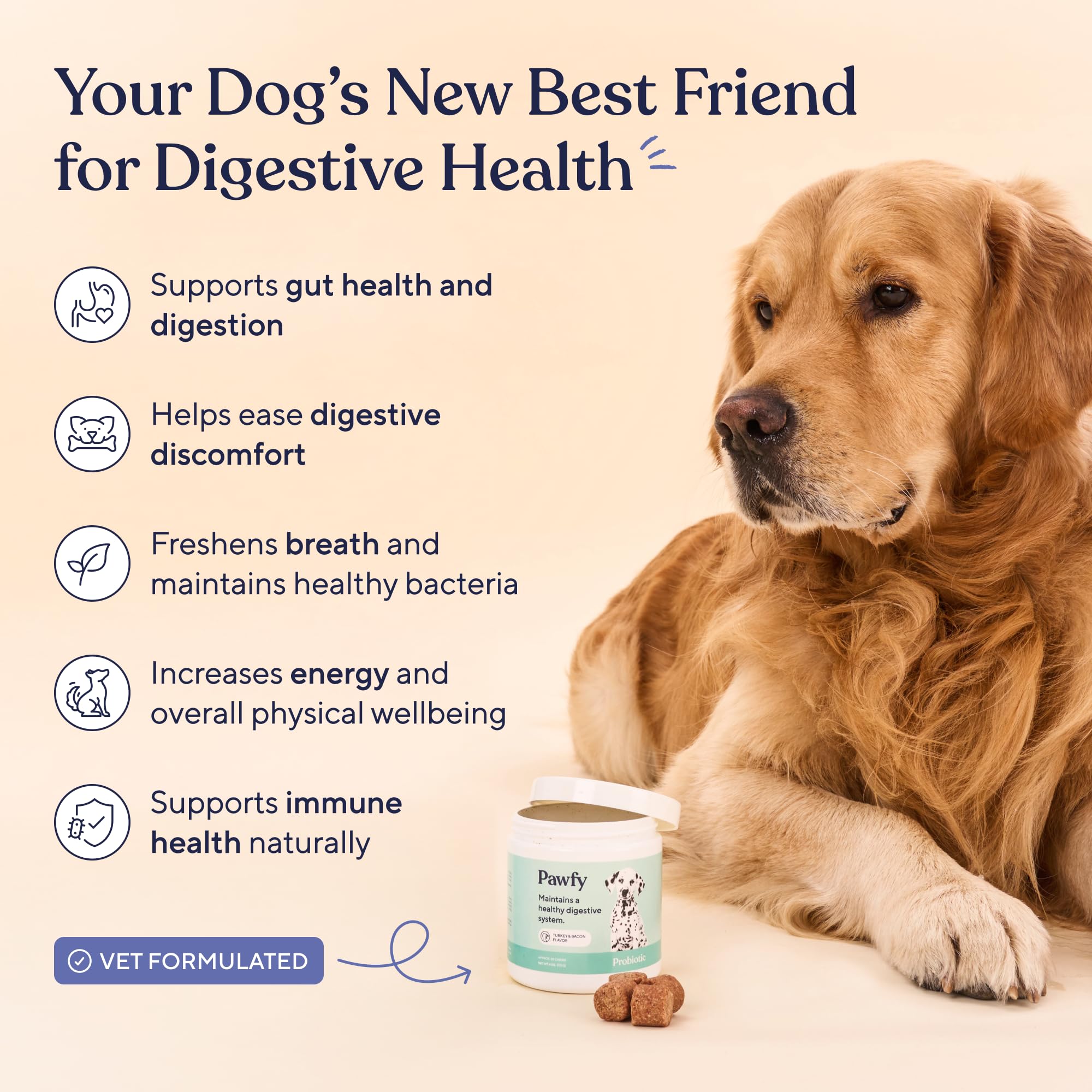 Pawfy Probiotics dog chews bottle pour suggests simple daily dosing.