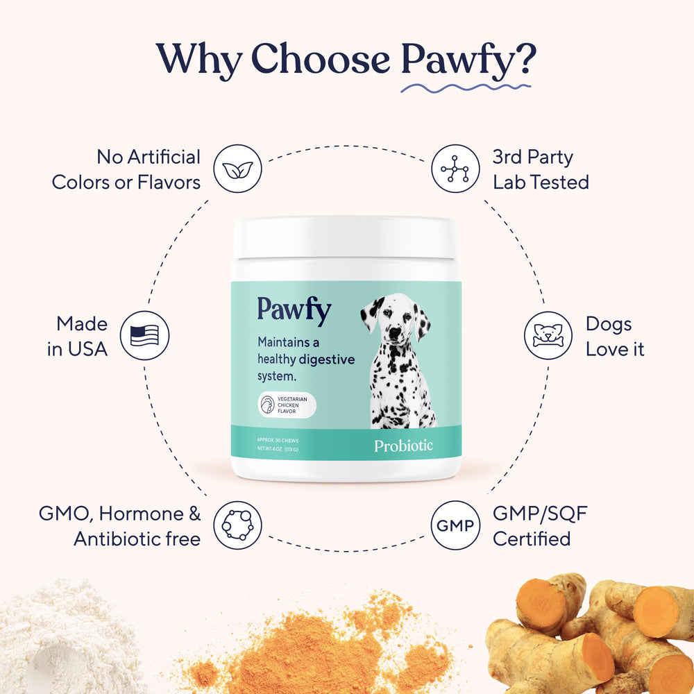 Pawfy Probiotics strains diagram highlights five beneficial bacteria.