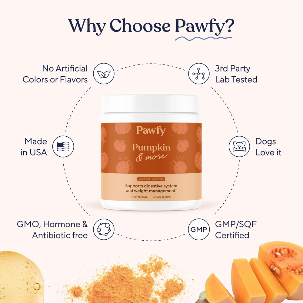 Pawfy pumpkin powder provides nutrients to support overall vitality.