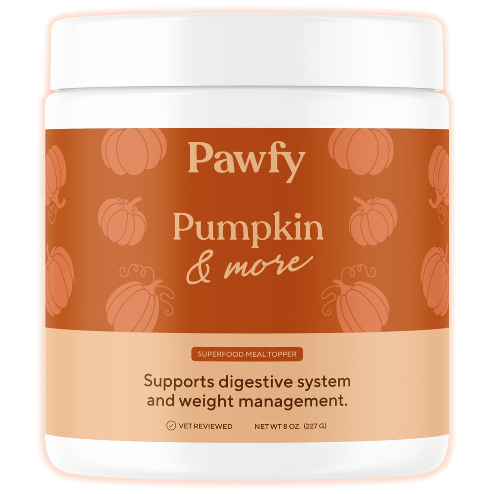 Pawfy pumpkin powder packaging shows natural pumpkin fiber for dogs' digestive comfort.