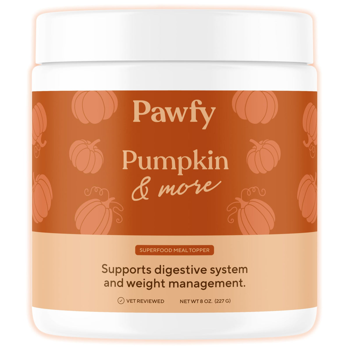 Pawfy pumpkin powder packaging shows natural pumpkin fiber for dogs' digestive comfort.