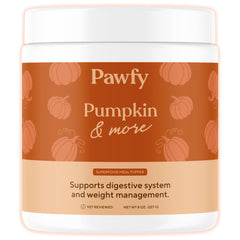 Pawfy pumpkin powder packaging shows natural pumpkin fiber for dogs' digestive comfort.