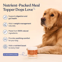 Pawfy pumpkin powder scoop over dog food promotes easy feeding.