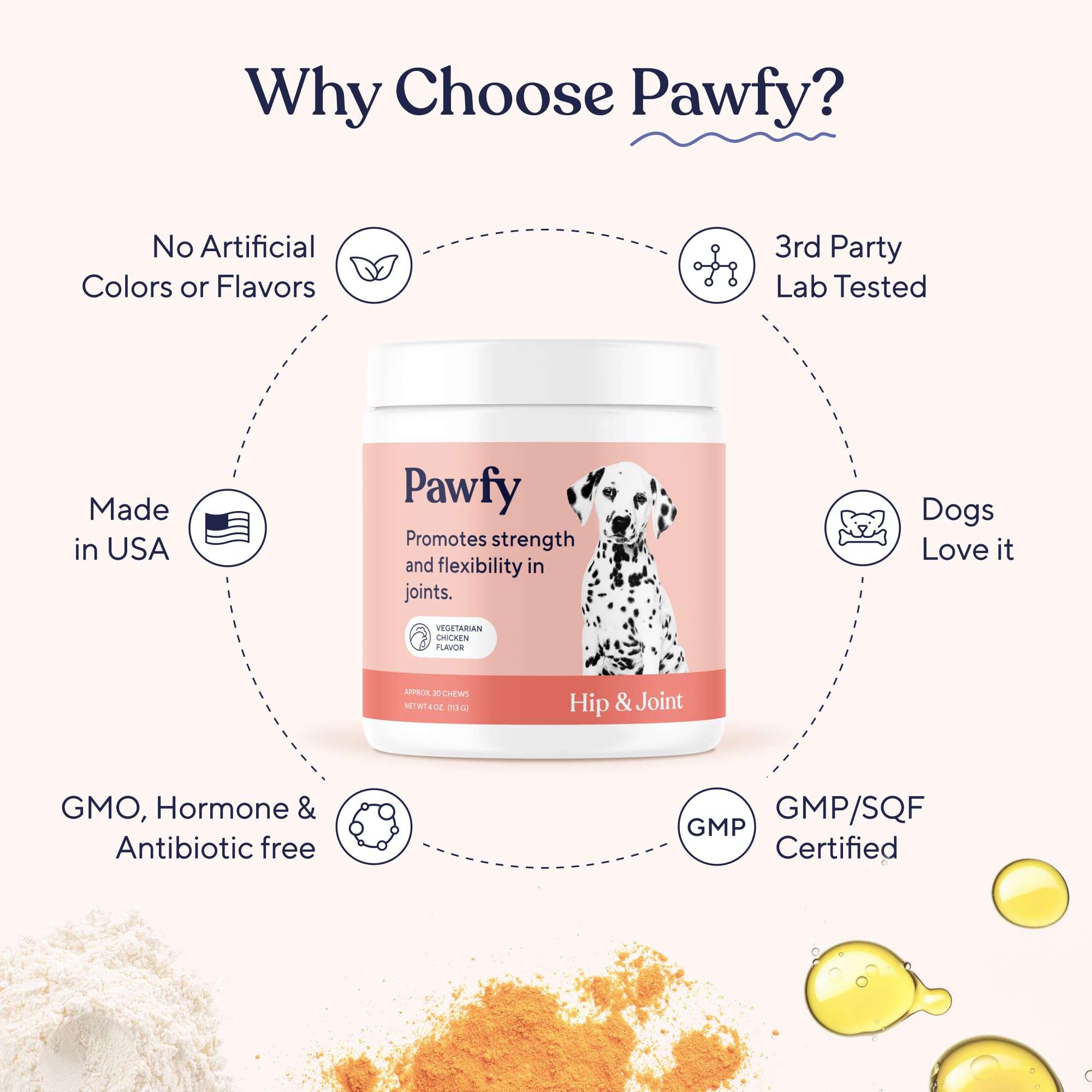 Pawfy senior-dog-joint-care image hints at comfort for aging pets with daily chews.