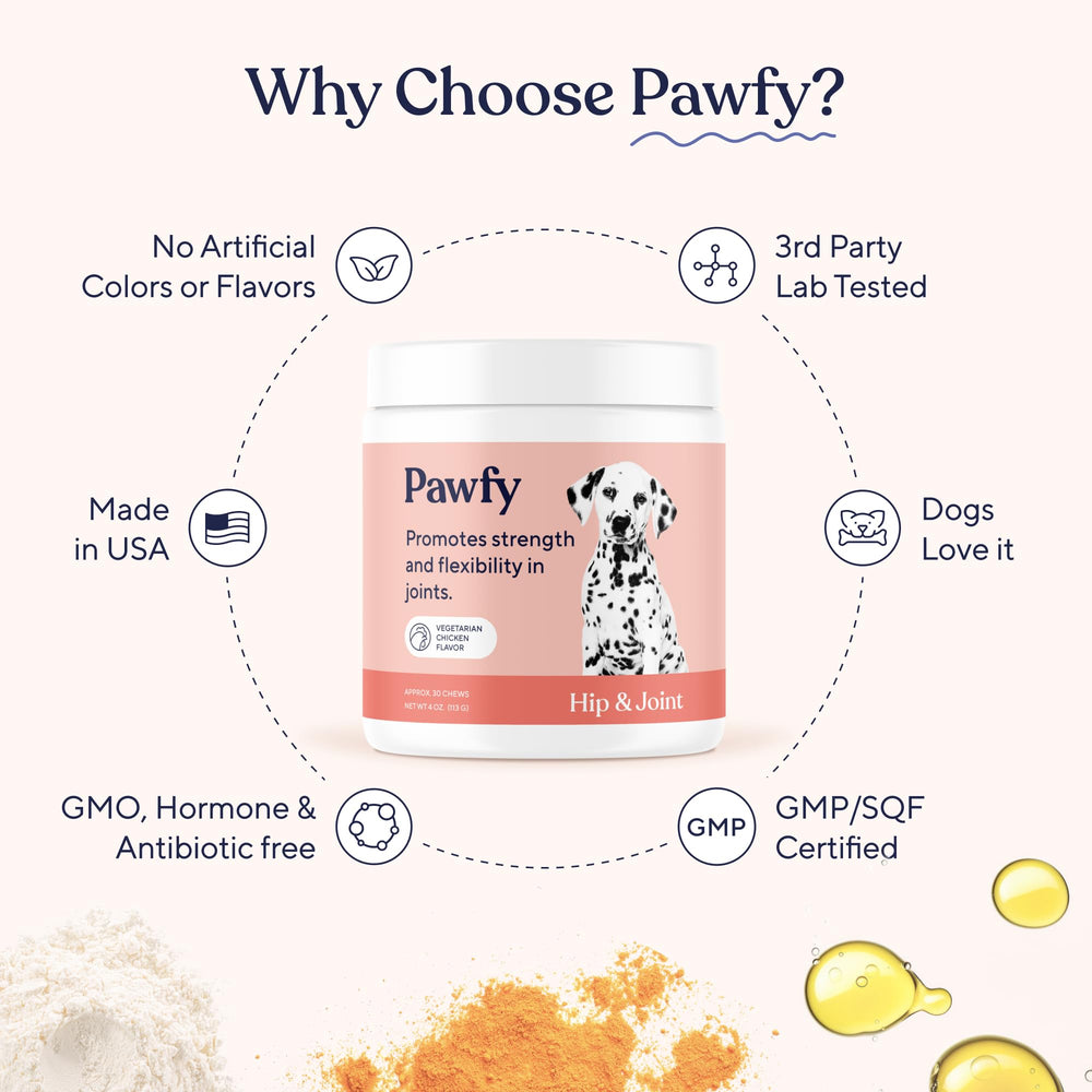 Pawfy senior-dog-joint-care image hints at comfort for aging pets with daily chews.