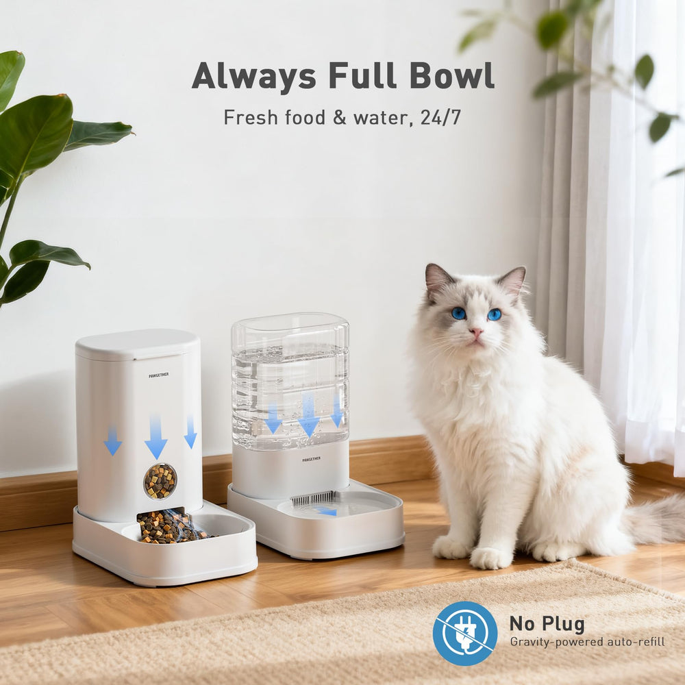 PAWGETHER gravity cat feeder dispensing action showing continuous flow