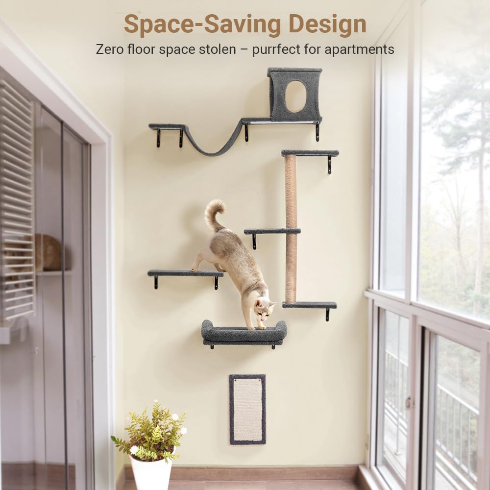 PawGiant cat wall shelves scratch-board emphasizes durable scratching surface preserving furniture.