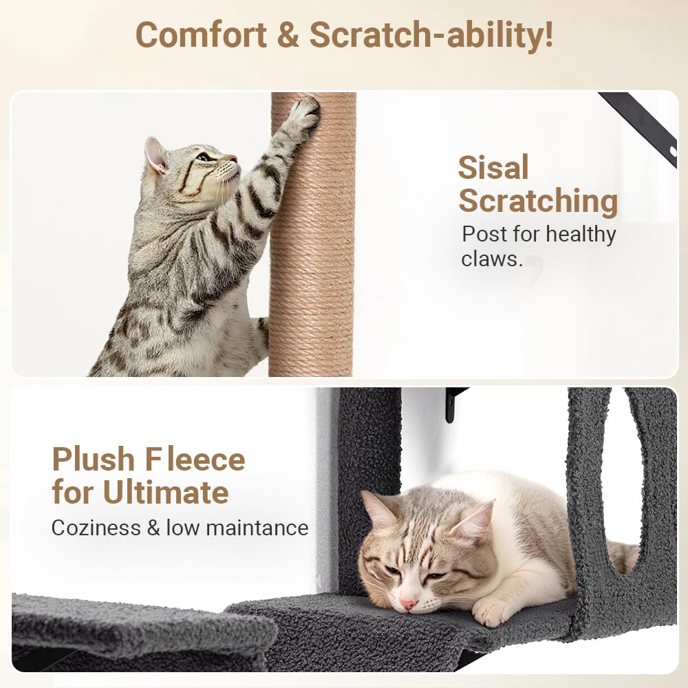 PawGiant cat wall shelves scratch-post includes solid post for satisfying scratching instincts.
