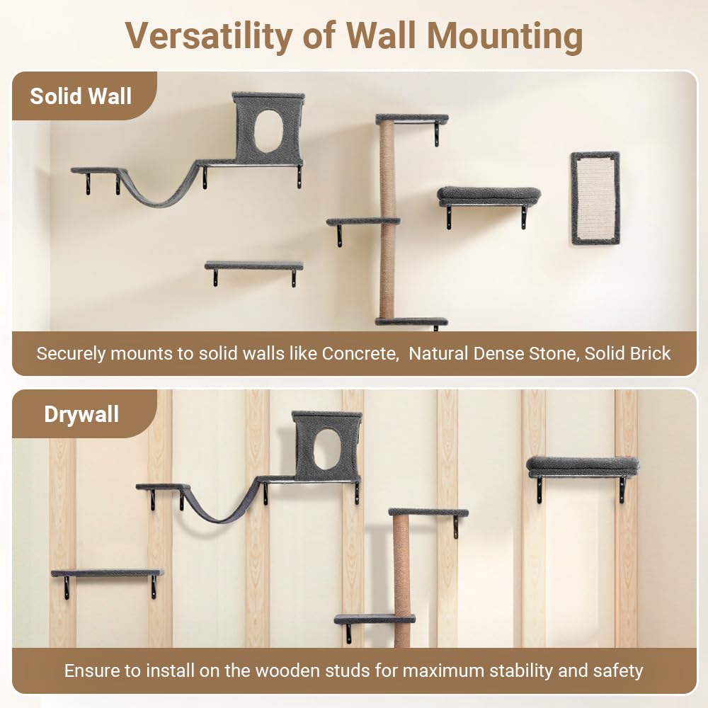 PawGiant cat wall shelves wall-mount setup shows lightweight, space-saving installation on drywall or concrete.