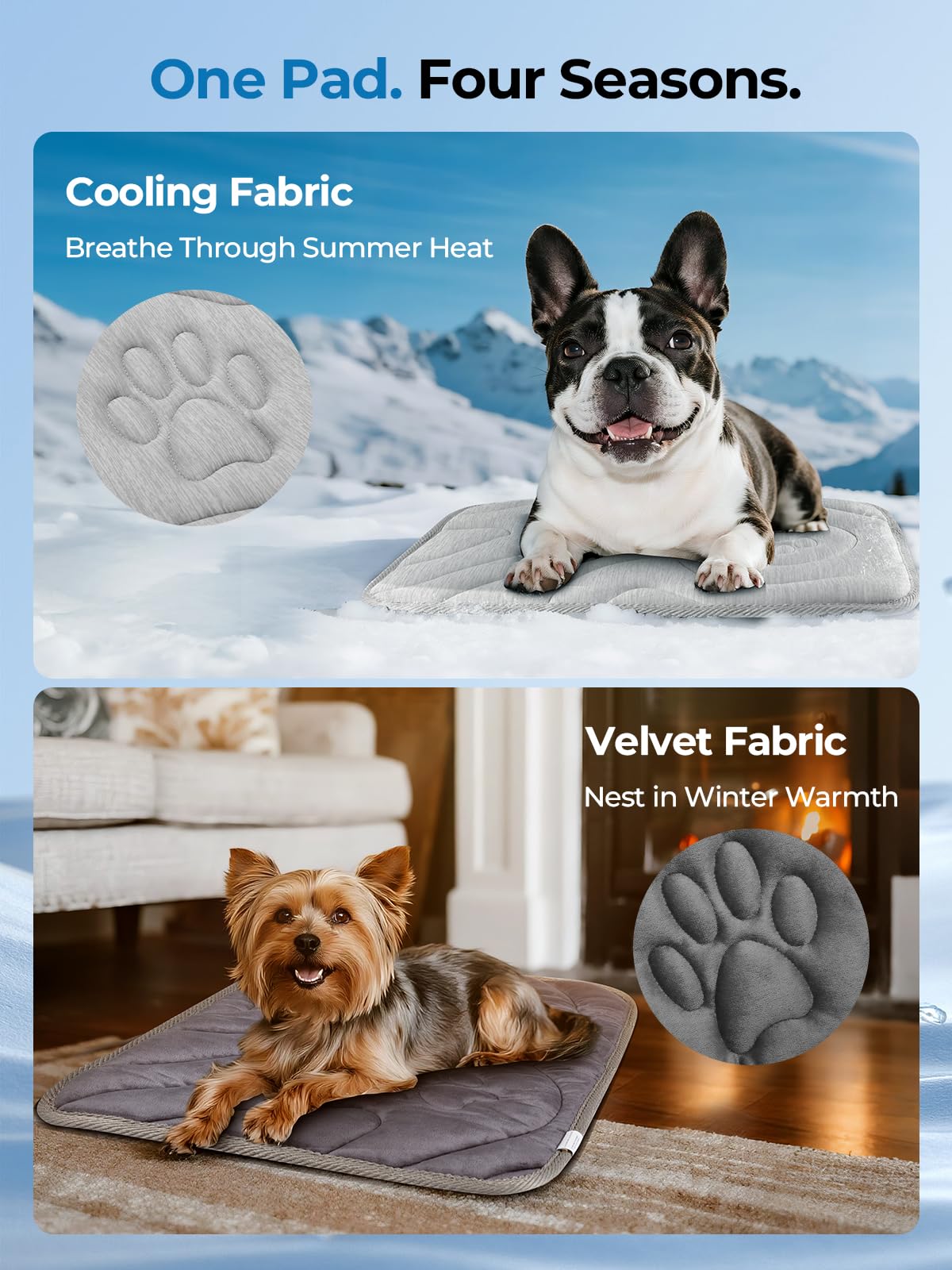 Pawhoo dog cooling mat back velvet layer adds warmth for cold-season comfort.