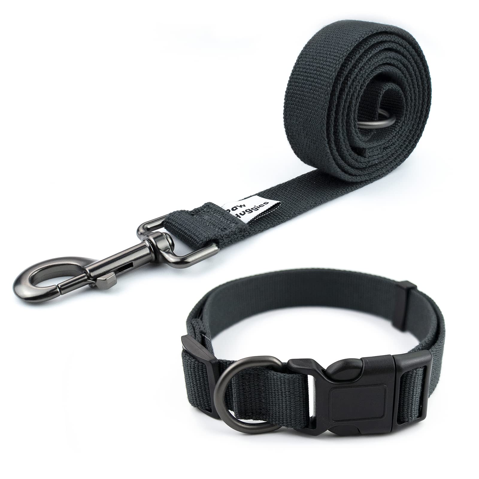 PawHuggies dark grey dog collar close-up showing breathable fabric for small dogs on walks