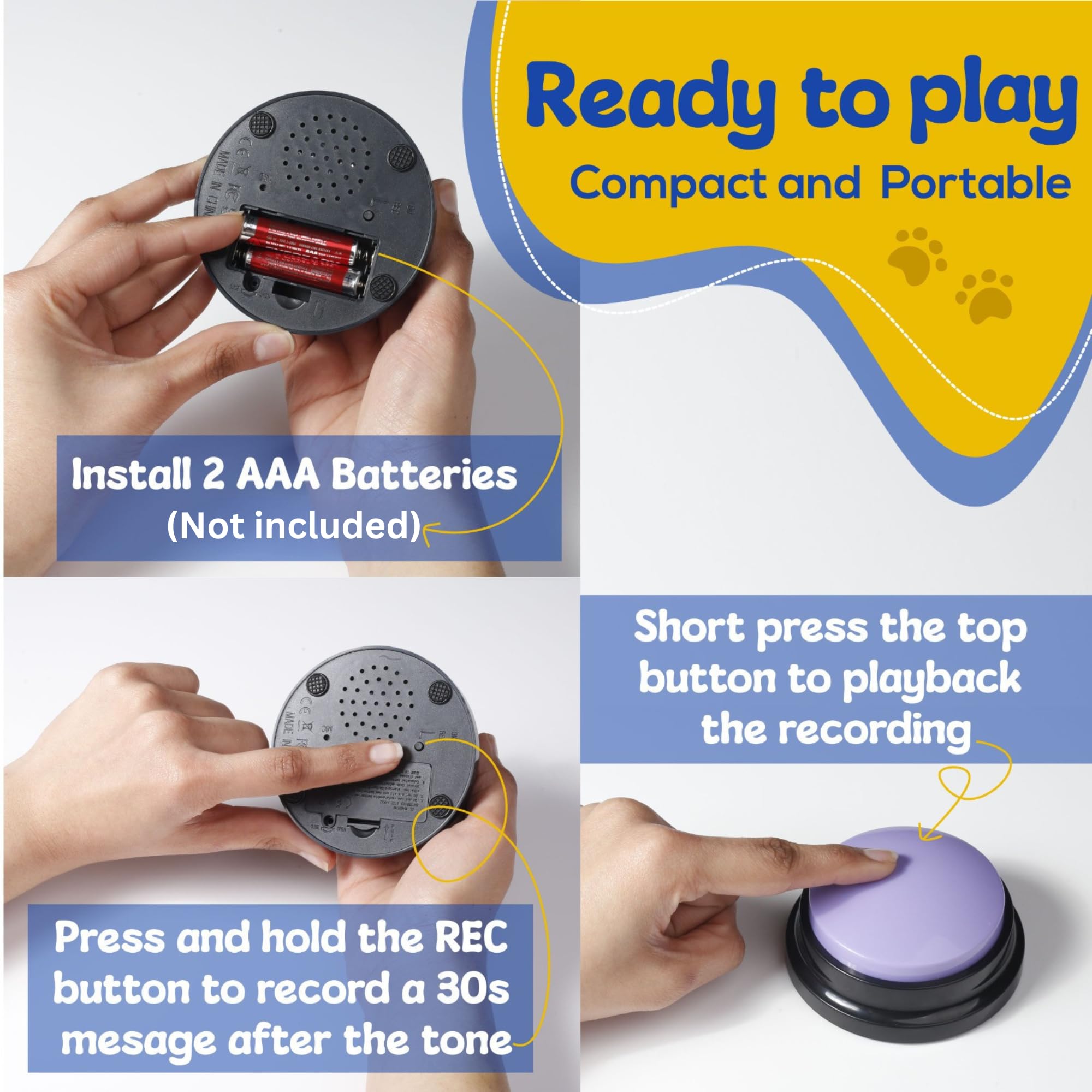 PAWHUGS recording-button close-up with 30-second message option