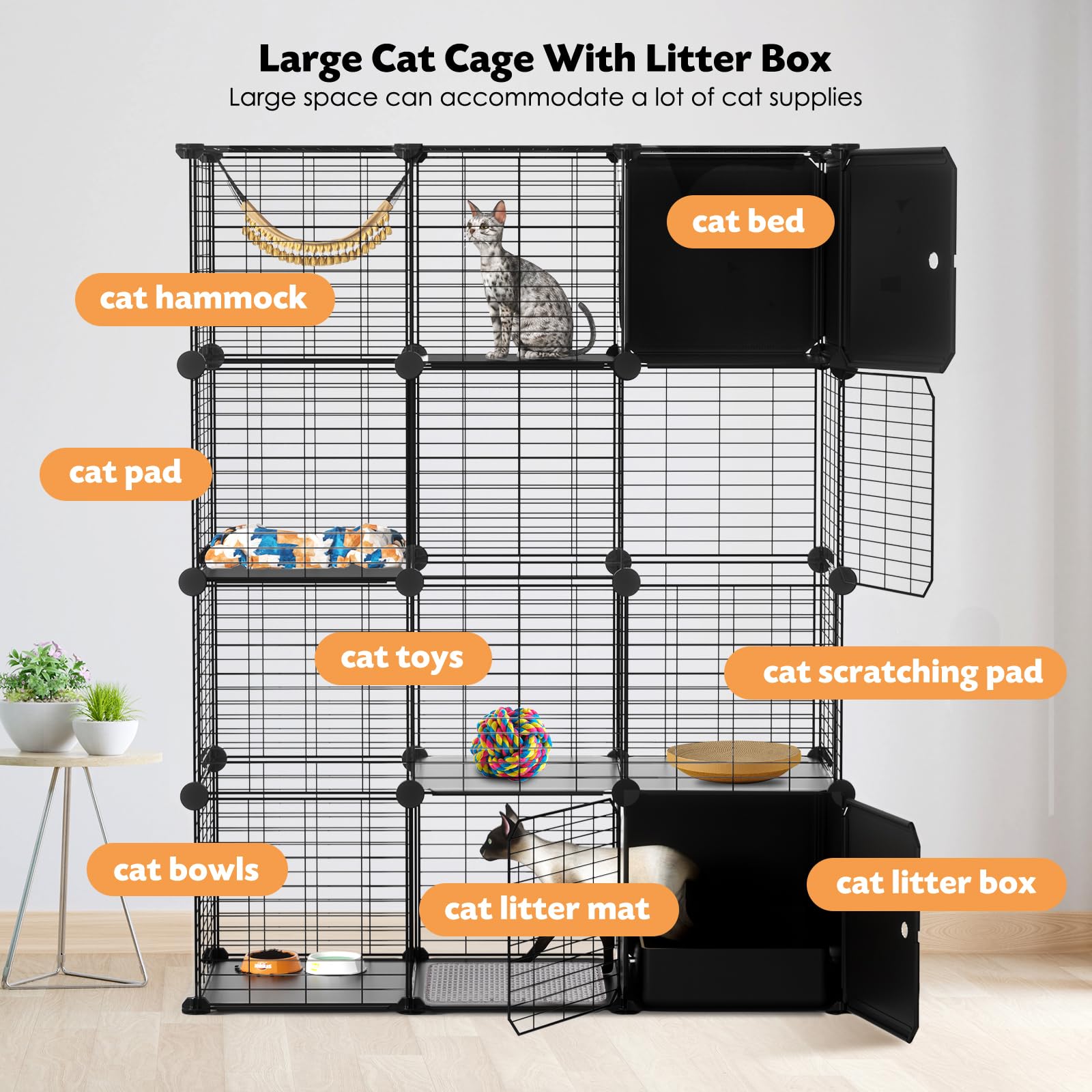 PAWING cat enclosure built-in litter box includes a private area for mess-free litter changes.