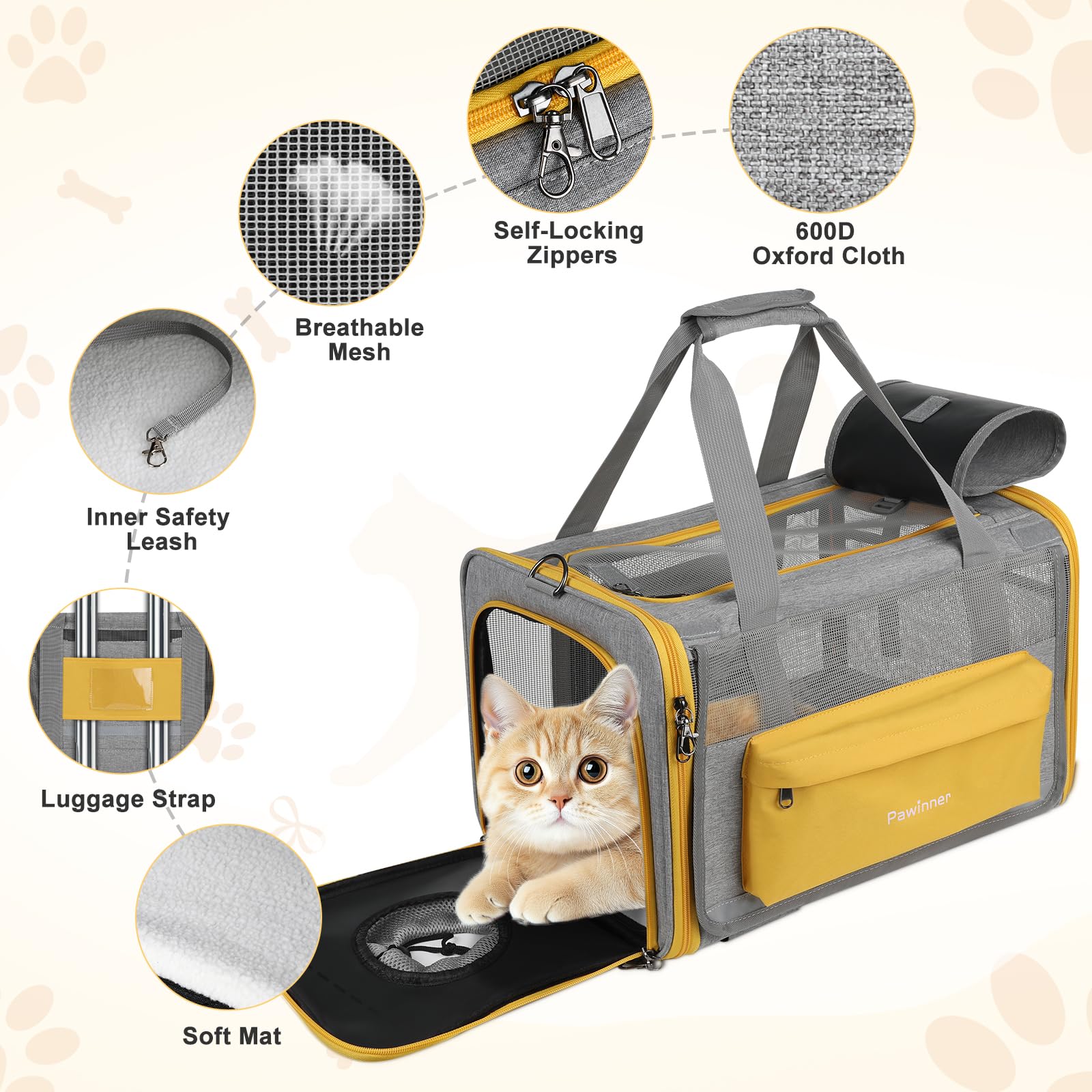 Pawinner cat carrier mesh windows provide airflow and pet visibility.