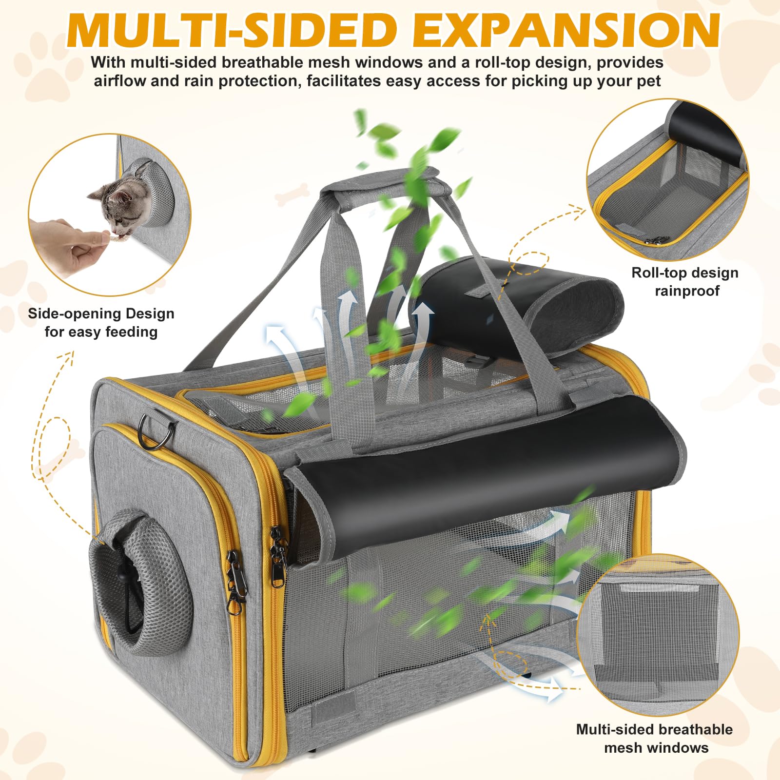 Pawinner cat carrier roll-up top with ventilation and rain protection.