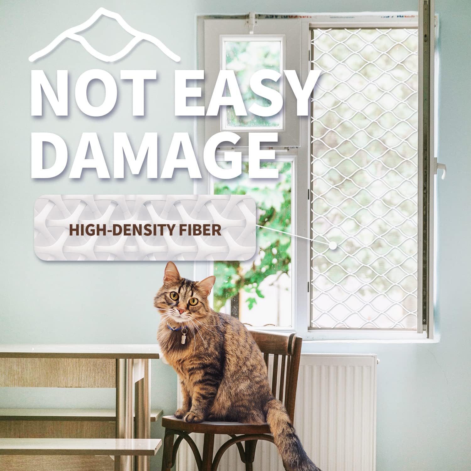 PAWISE Cat Safety Net shows installation around a balcony window for safe access.