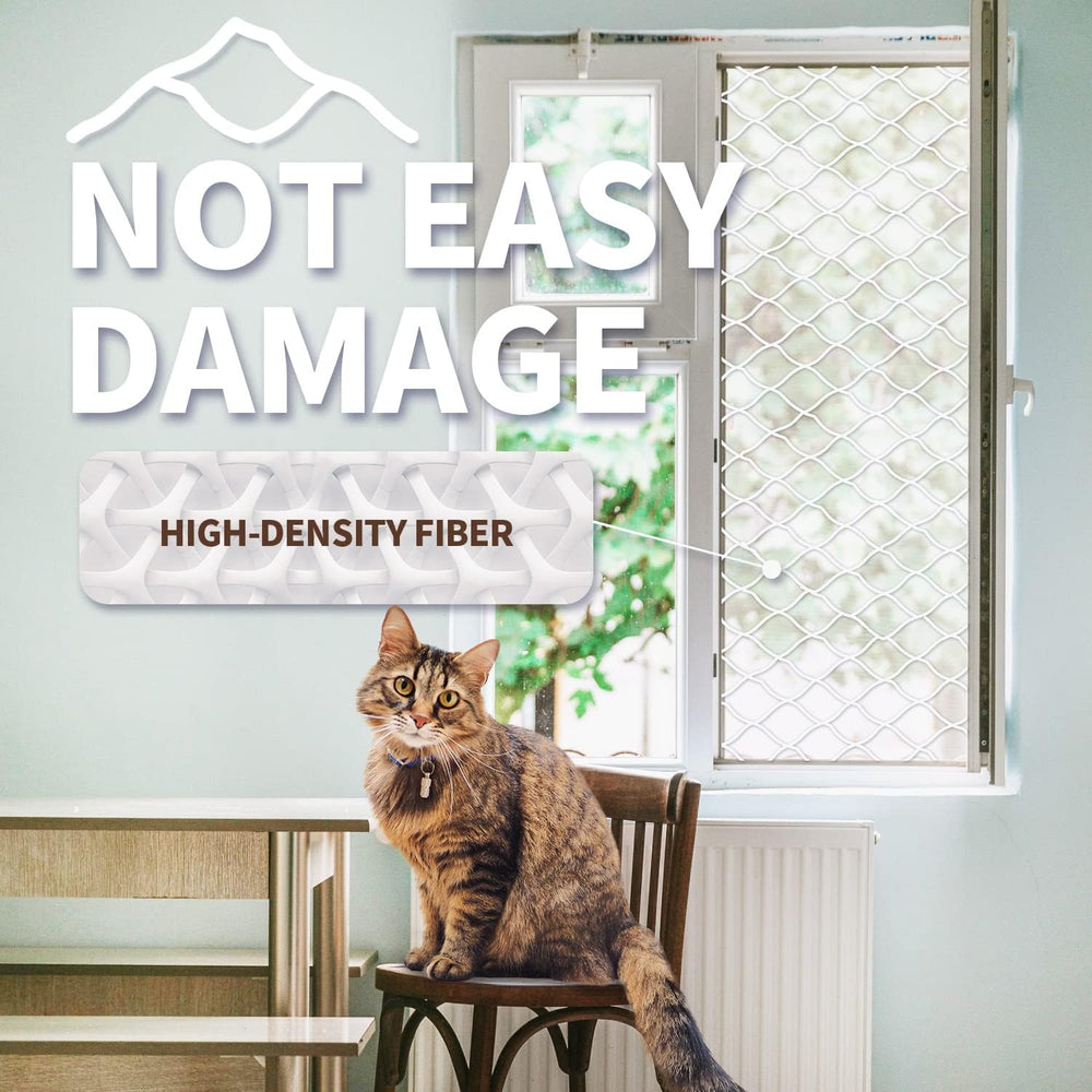 PAWISE Cat Safety Net shows installation around a balcony window for safe access.