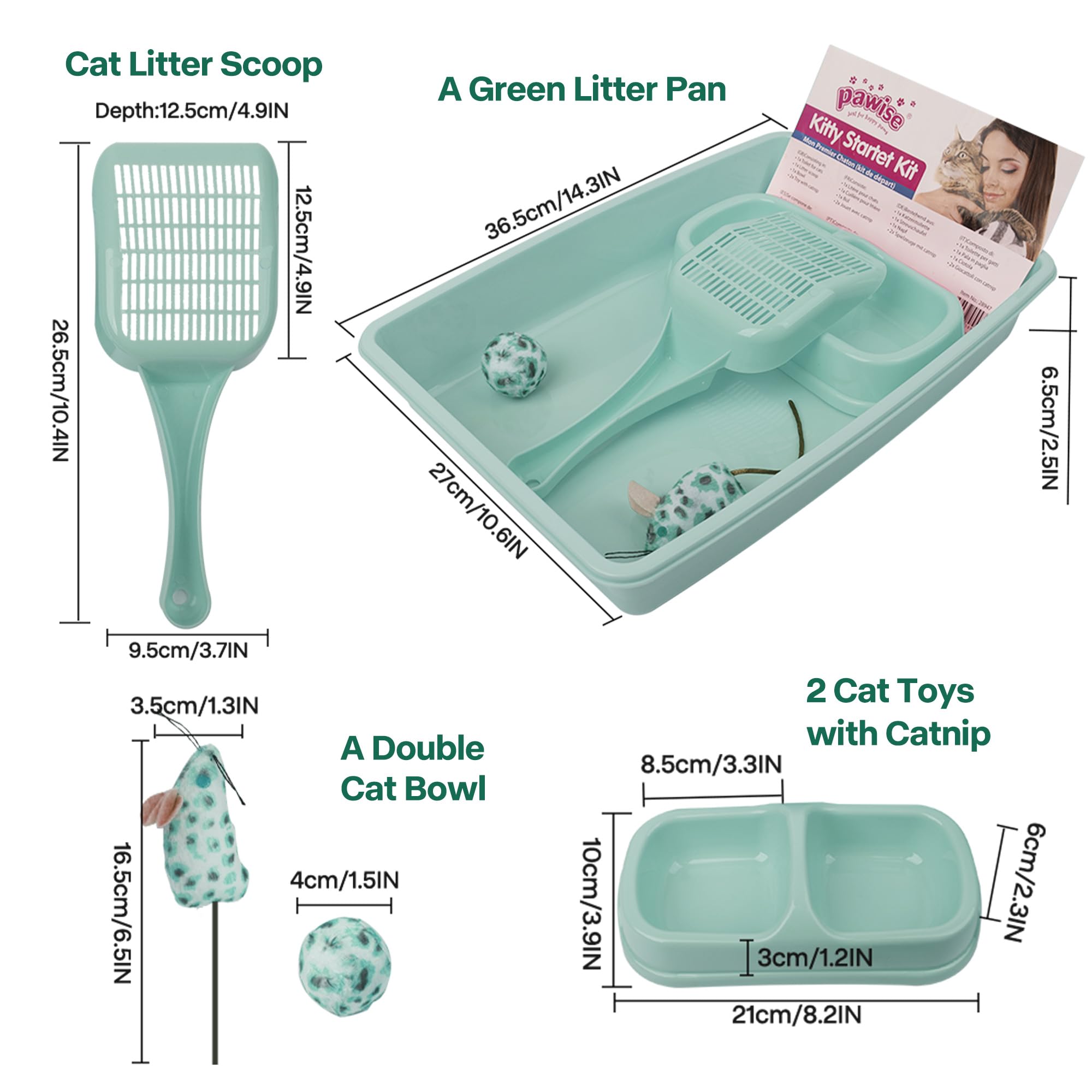 PAWISE kitten litter box with dual bowls for food and water.