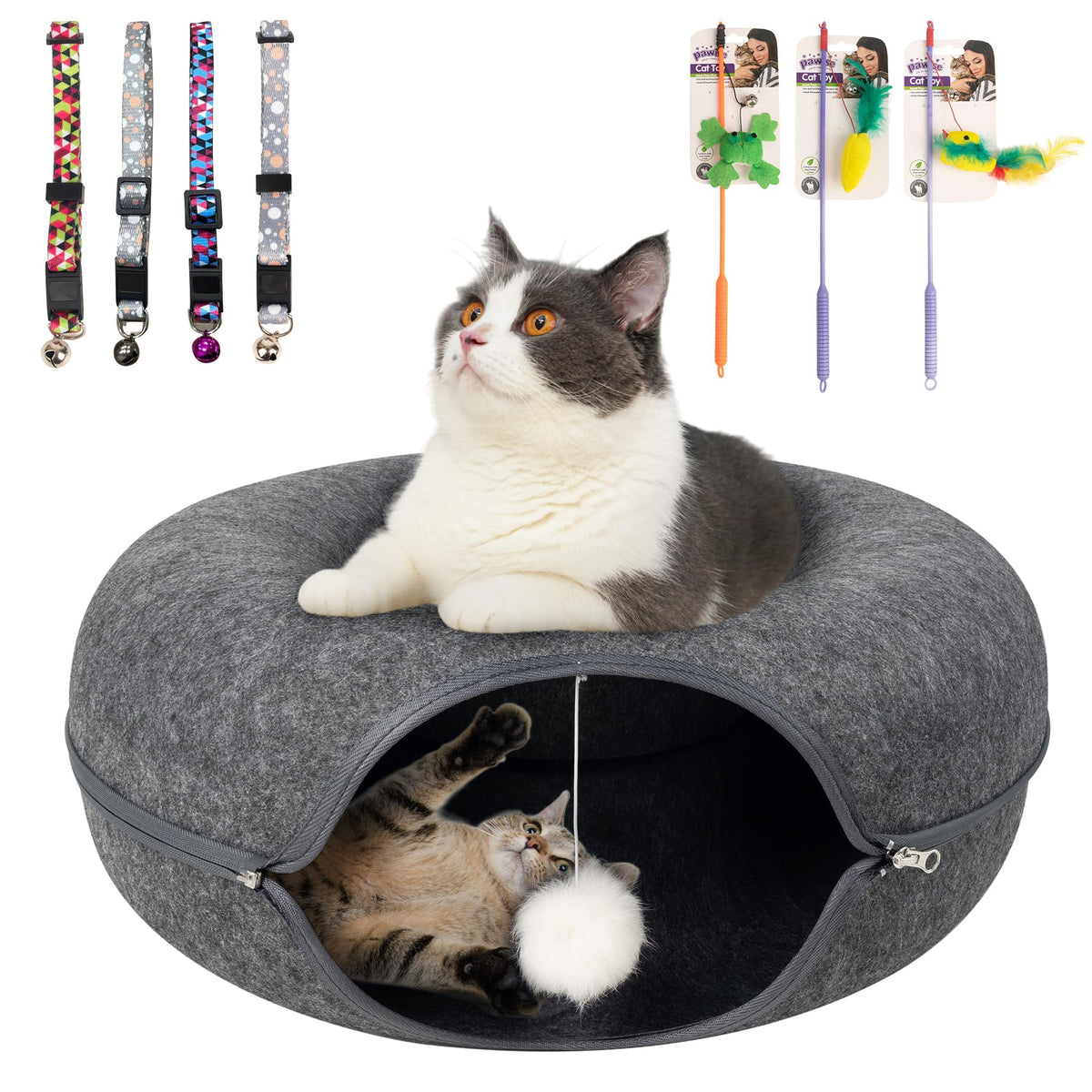 PAWISE Peekaboo Cat Cave Bed top view showing a cozy resting surface and playful tunnel for indoor cats.