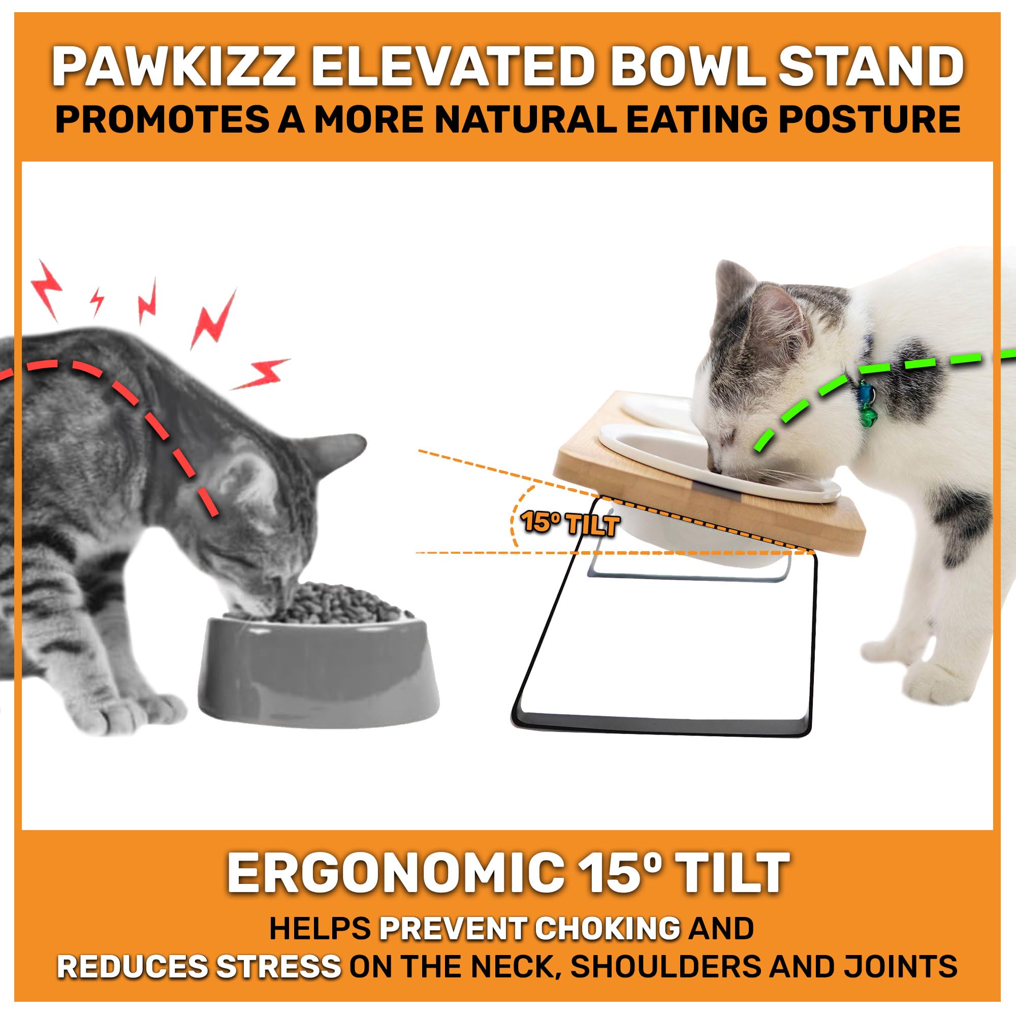Pawkizz tilted-feeding-stand shows 15-degree tilt to support posture during meals.