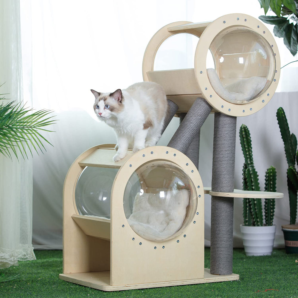 PawlaBay wooden cat tower features durable, easy-clean construction.