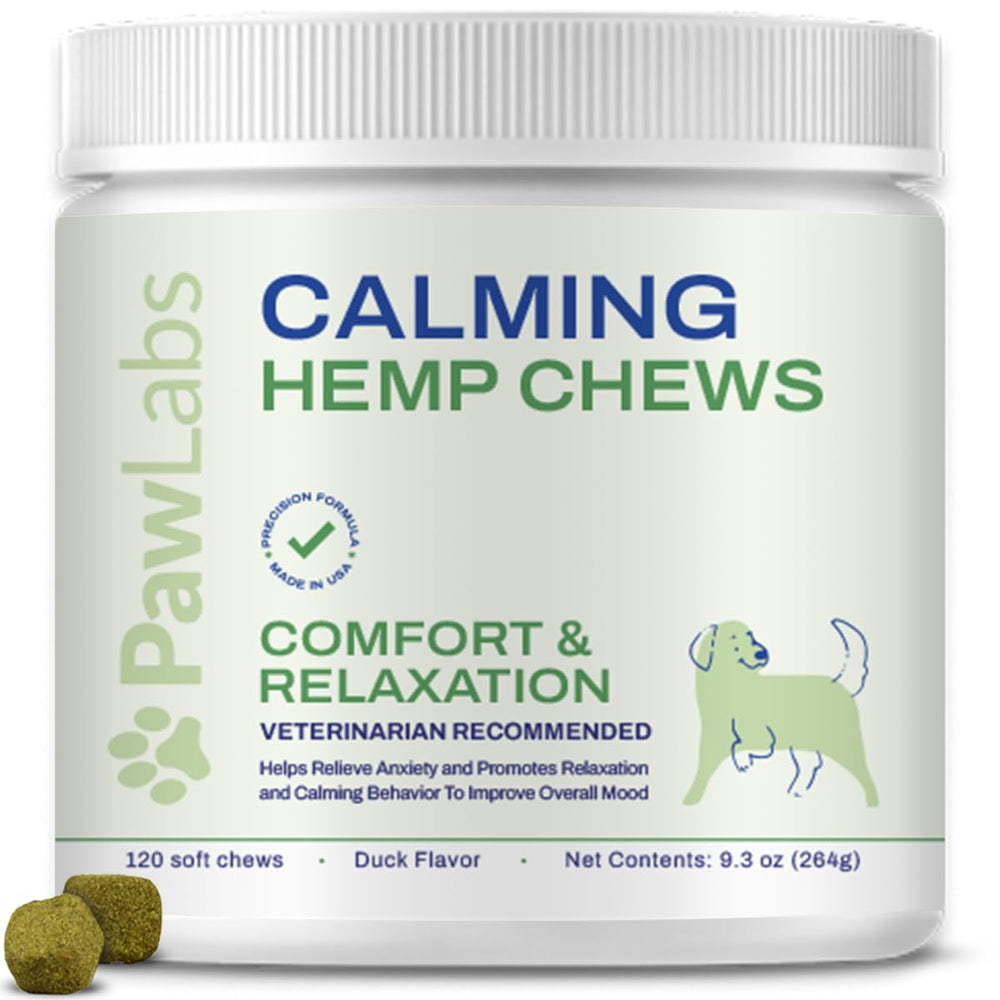 PawLabs Calming Hemp Chews in duck flavor bag shown for dogs anxiety relief.