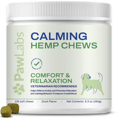PawLabs Calming Hemp Chews in duck flavor bag shown for dogs anxiety relief.