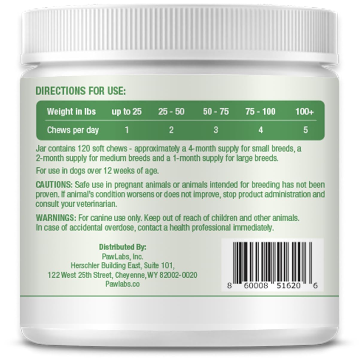 PawLabs ingredients panel highlighting hemp and calming botanicals.