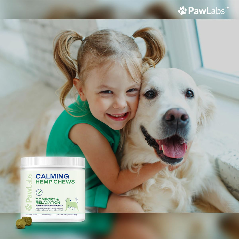 Made-in-USA label on PawLabs calming chews packaging.