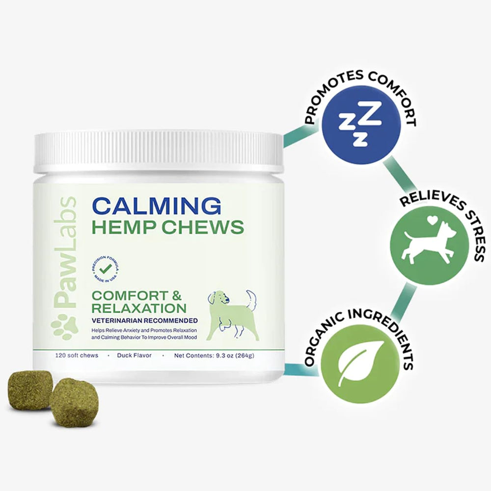 Vet-formulated badge on PawLabs calming chews packaging.