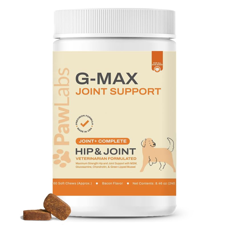 Pawlabs G-Max Joint Support bottle front with bacon-flavored chews supporting canine joint health.