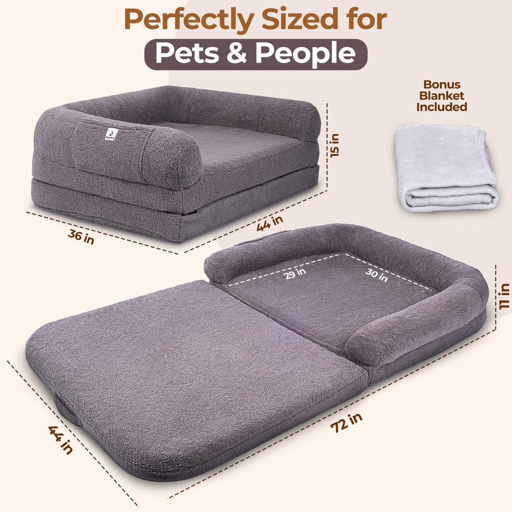 PAWLALA 2in1 human-dog bed with handles and pockets for easy transport.