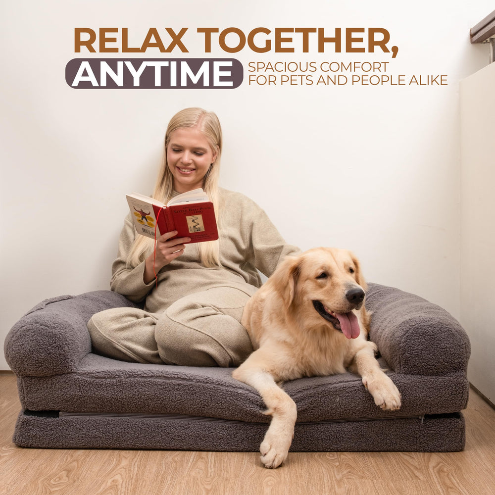 PAWLALA 2in1 human-dog bed machine-washable sherpa cover for easy cleaning.