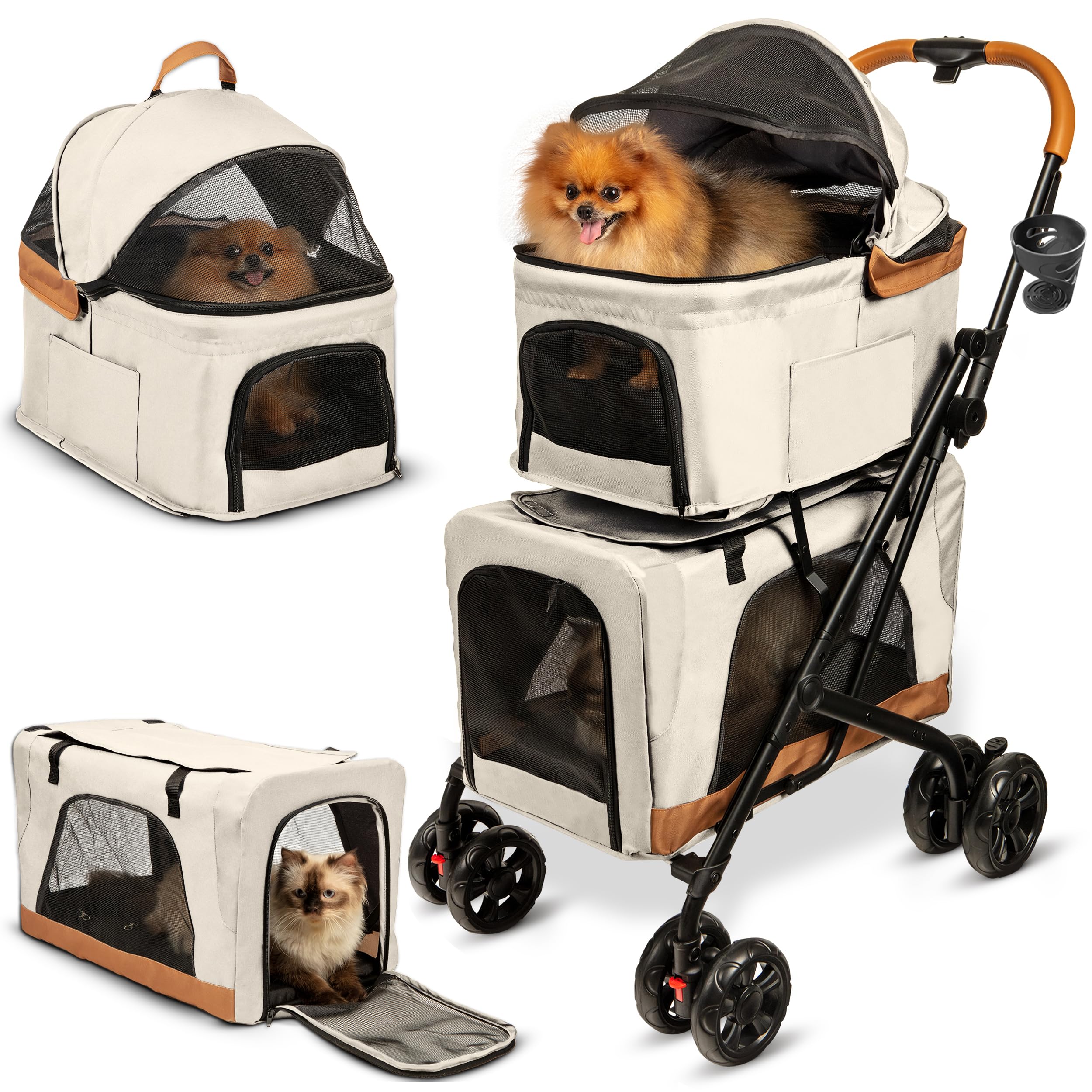 PAWLALA double stroller front view showcases roomy dual-pet compartments for comfortable outings.