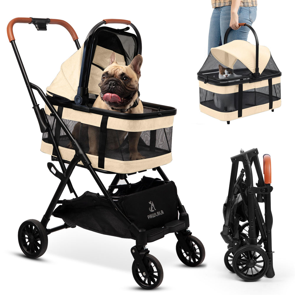 PAWLALA Pet Stroller in Bisque Beige shows 3-in-1 travel versatility for pets