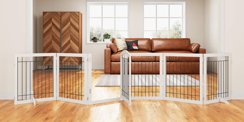 PAWLAND 144-inch dog gate with door walk-through for easy room-to-room passage.