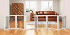 PAWLAND 144-inch dog gate with door walk-through for easy room-to-room passage.