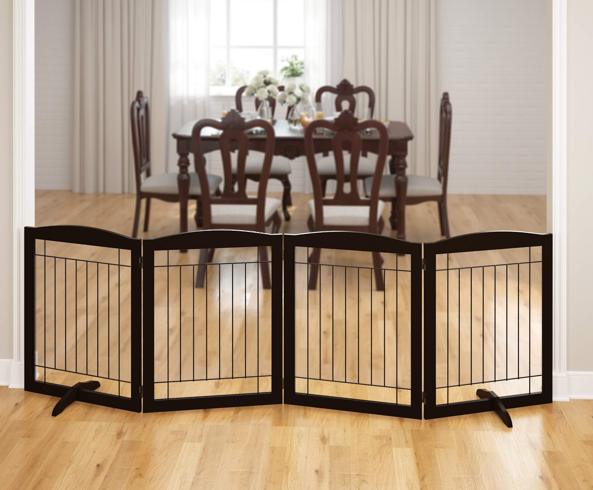 PAWLAND dog gate in espresso finish complements living space while containing pets